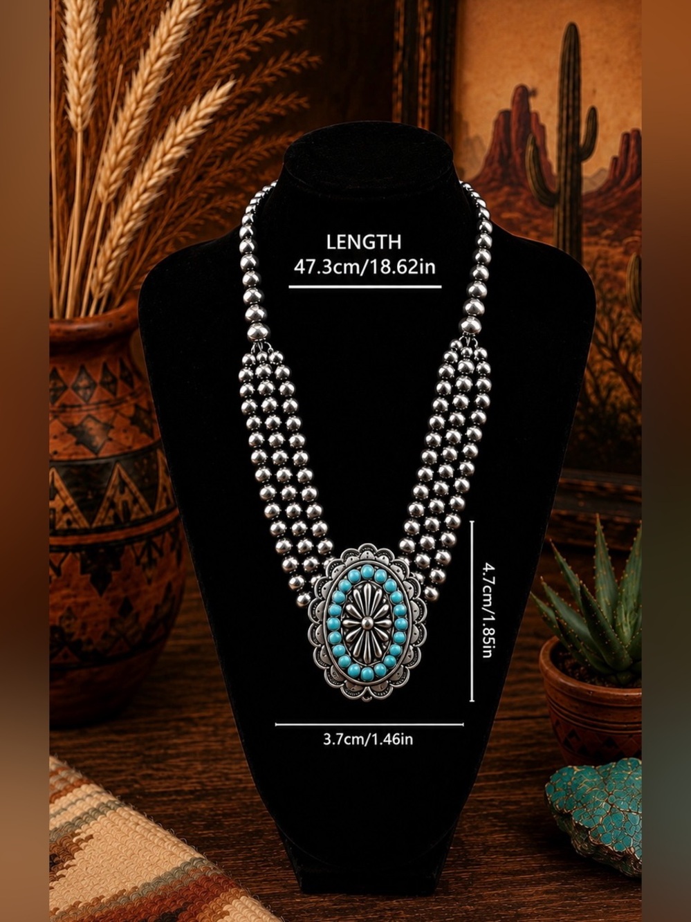 Southwest Western Faux Turquoise Navajo Pearl Inspired Concho Costume Necklace - Picture 5 of 5